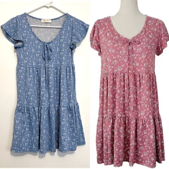 JESSICA SIMPSON Blue White Ditsy Floral Bow Flutter Sleeve Mini Babydoll Dress S - Picture 1 of 14